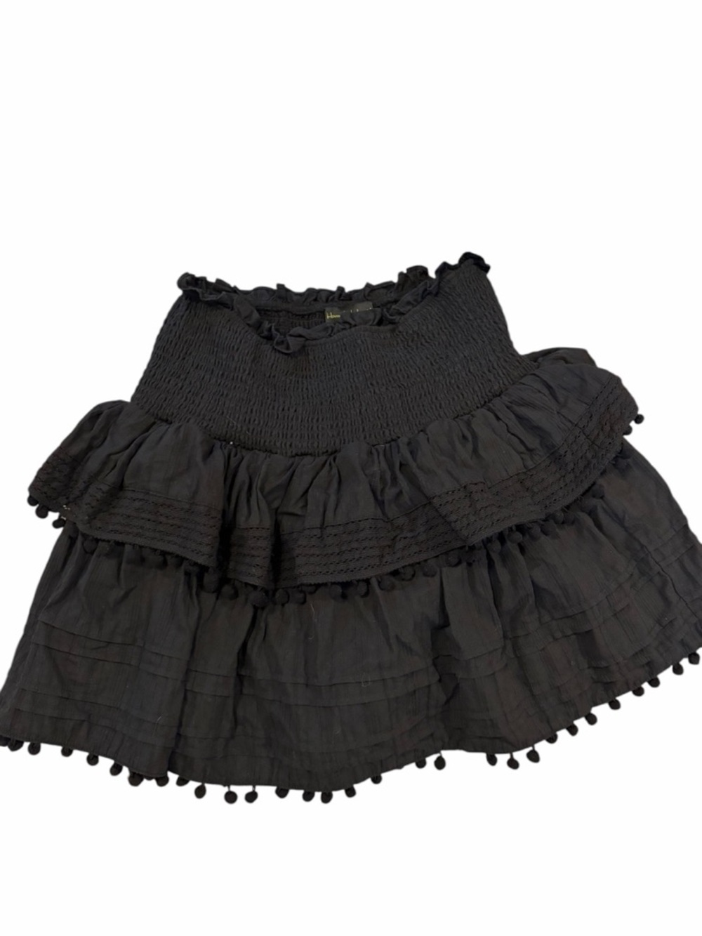 House of Harlow 1960 Women's Black Smocked Ruffle Mini Skirt Pom Pom Size Medium - Picture 3 of 6